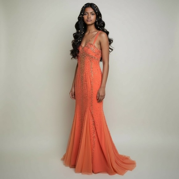 SEAN Collection Coral Beaded Mermaid Evening Gown Formal Prom Dress, Large - threedaughtersproperties.com SEAN Collection Coral Beaded Mermaid Evening Gown Formal Prom Dress, Large - threedaughtersproperties.com